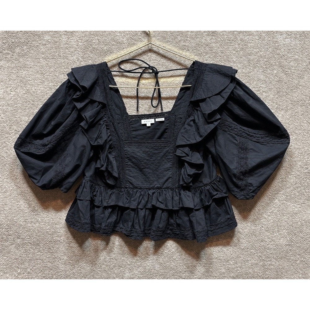 Rhode Charlotte Ruffled Cotton Poplin Crop Top Puff Sleeve Women Small Black EUC